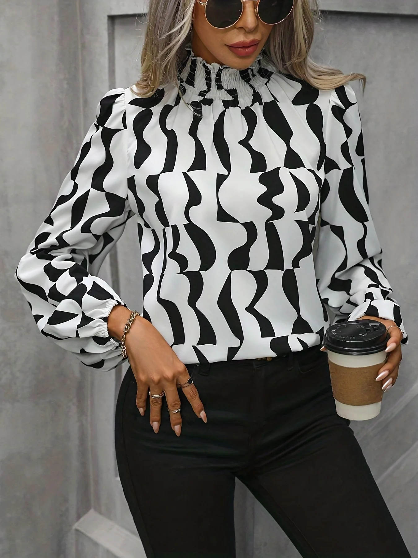 All Over Print Blouse, Elegant Long Sleeve Mock Neck Blouse, Women's Clothing - Deanwangkt