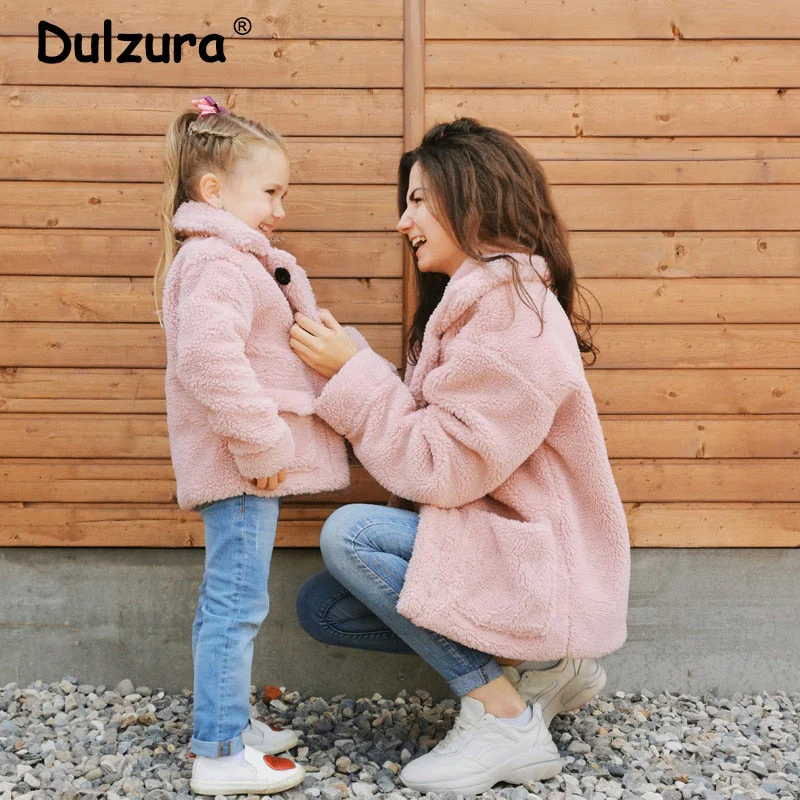 Christmas Gift Deanwangkt Fashion Mother & Daughter Teddy Faux Fur Coat Winter Warm Pocket Women Girls Overcoats Sisters Street Sweet Jacket Coats - Deanwangkt