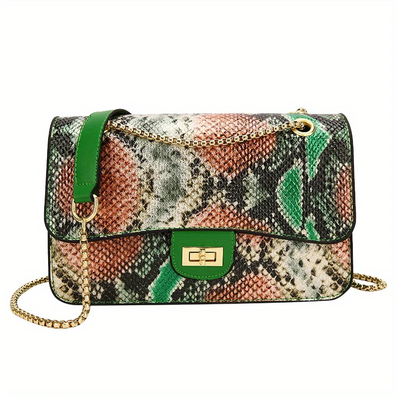 Luxury Snakeskin Pattern Shoulder Bag, Trendy Chain Crossbody Bag, Vintage Colorful Square Purse For Women - Deanwangkt