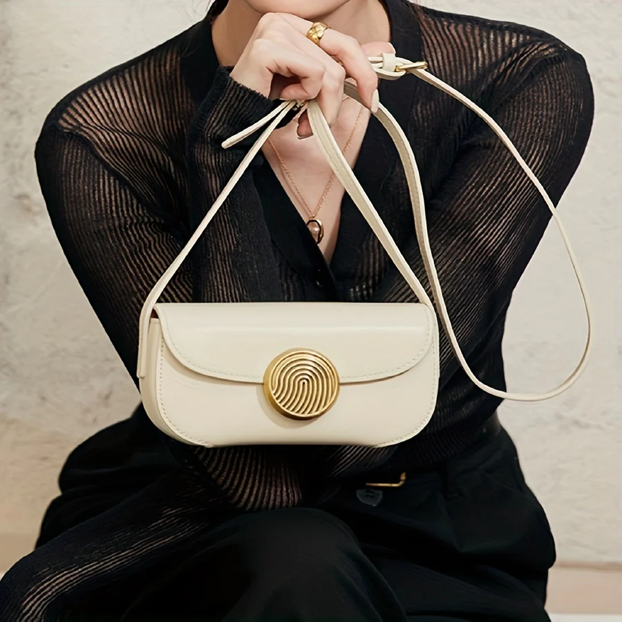 Mini Genuine Leather Crossbody Bag, Luxury Shoulder Bag For Women, Round Metal Decor Handbag & Purse - Deanwangkt