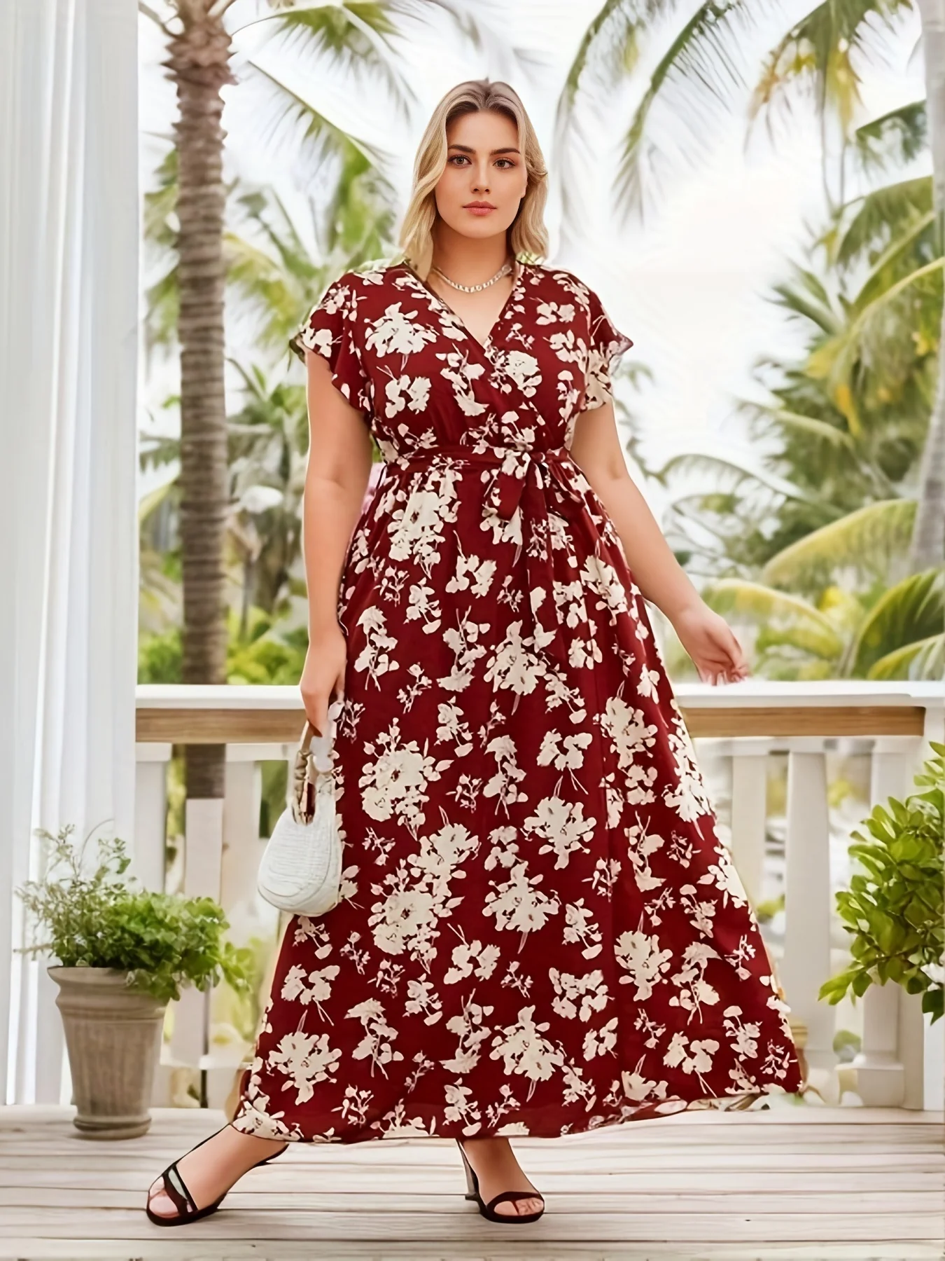 deanwangkt-1 Plus Size Boho Dress, Women's Plus Floral Print Cap Sleeve Surplice Neck Slight Stretch Maxi Dress With Belt - Deanwangkt