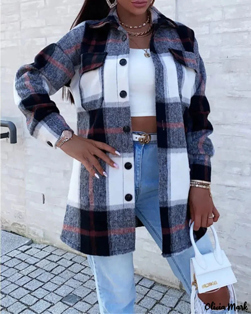 Deanwangkt - Plaid Print Pocket Button Pattern Long Sleeve Jacket - Deanwangkt