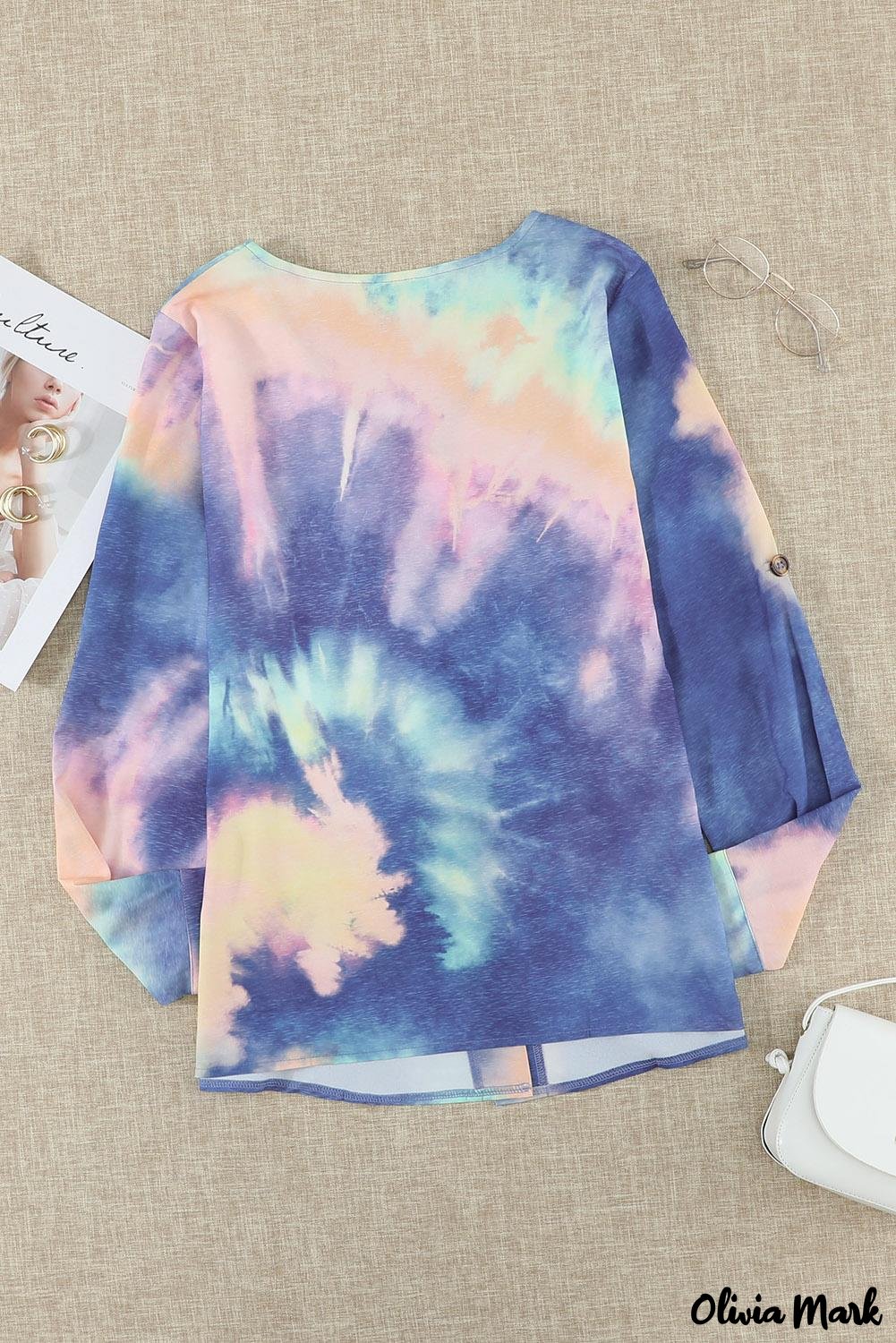Deanwangkt - Blue Tie-Dye Long Sleeve V-Neck Blouse With Button Closure - Deanwangkt