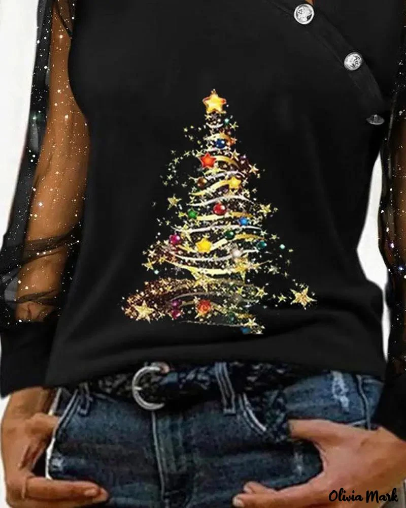 Deanwangkt - Christmas Tree Print Sheer Tulle Long Sleeve Top - Deanwangkt