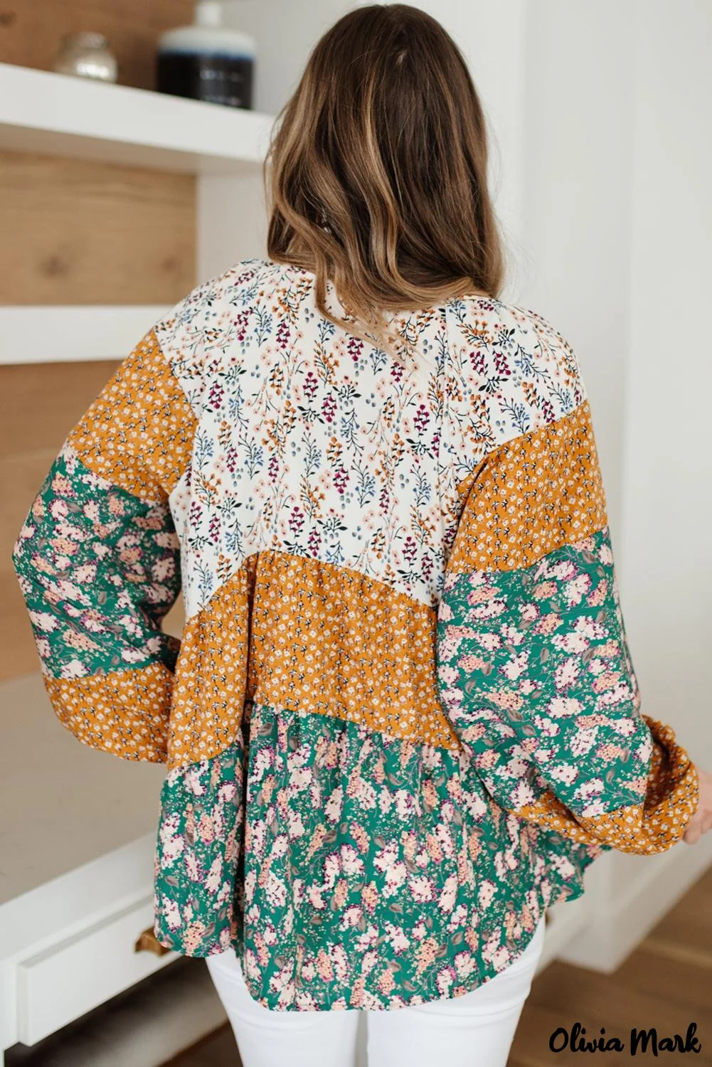 Deanwangkt - Green Color Block Floral Print Loose Blouse - Deanwangkt
