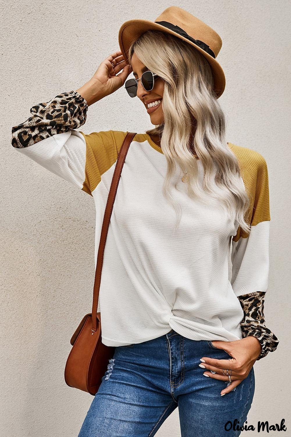 Deanwangkt - Black Waffle Knit Leopard Long Sleeve Twist Knot Blouse - Deanwangkt