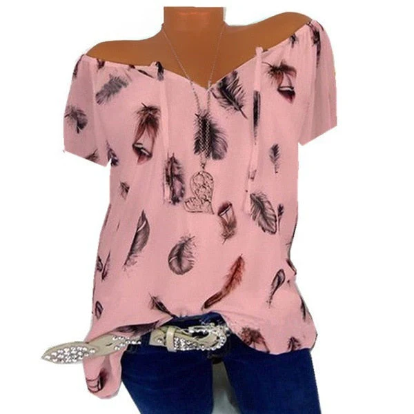 5XL Plus Large Size Women's Blouses Summer Tops New Leisure Blouse White Loose Feather Print V Neck Half Sleeve Shirts Blusas - Deanwangkt
