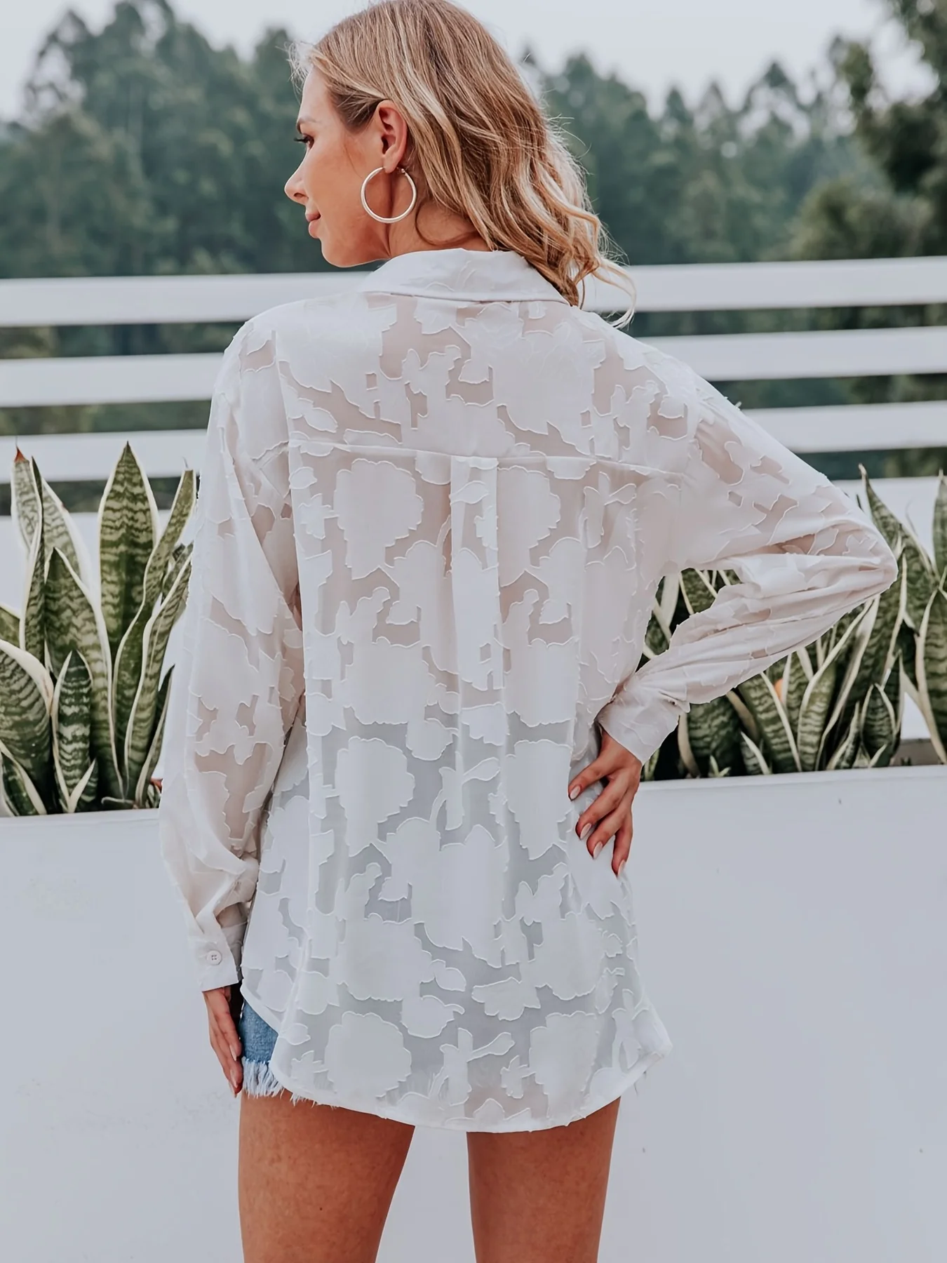 Chiffon Jacquard V-neck Lapel Blouses, Casual Loose Button Down Long Sleeve Fashion Shirts Tops, Women's Clothing - Deanwangkt