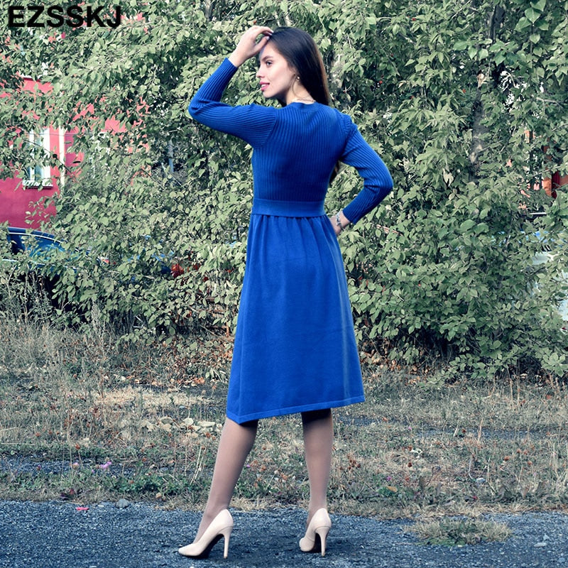 Christmas Gift Deanwangktautumn winter v-neck maxi sweater dress women OL female long sweater dress with belt elegant a-line solid slim dress - Deanwangkt