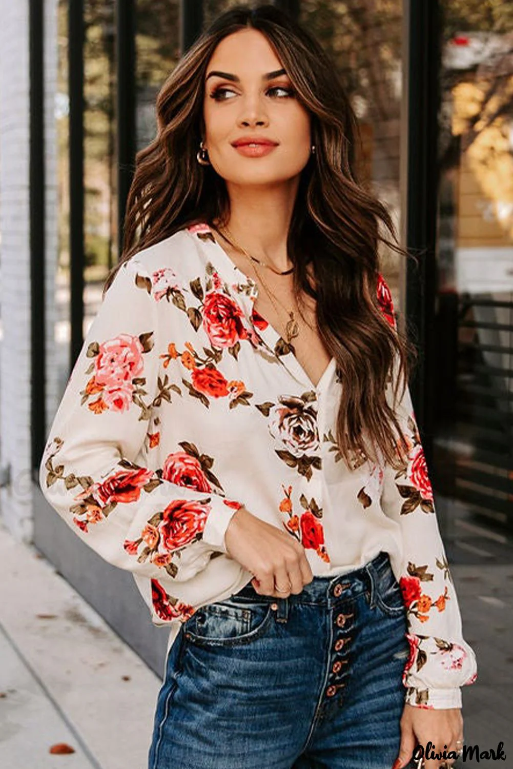 Deanwangkt - Beige Floral Print V-Neck Button Down Blouse - Deanwangkt