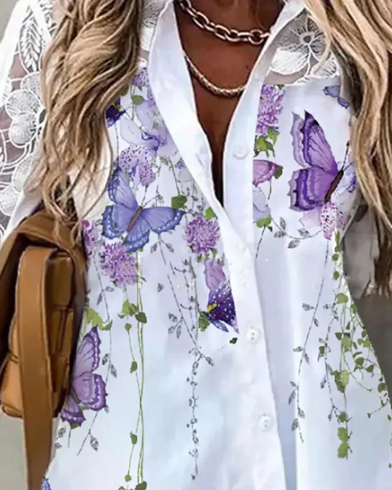 Deanwangkt - Butterfly floral print contrast lace shirt - Deanwangkt