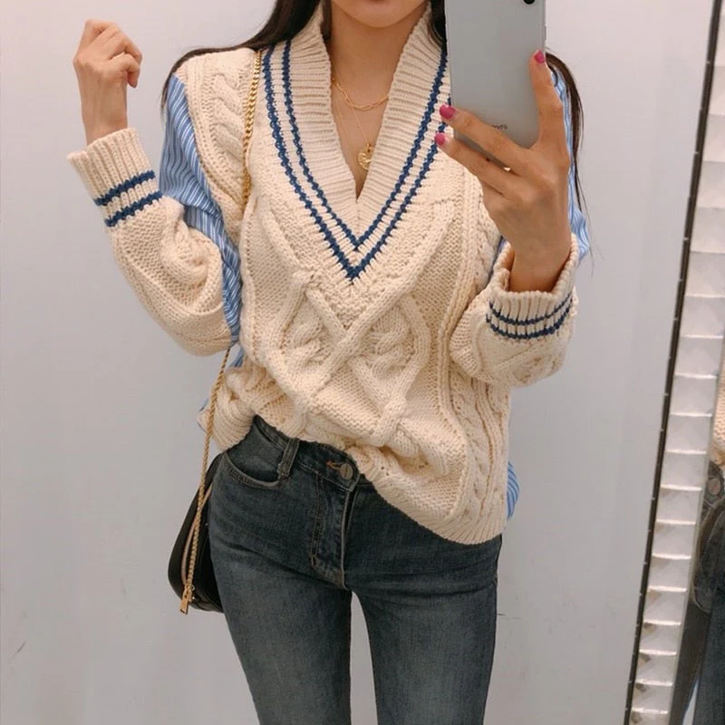 Christmas Gift Deanwangkt Winter Spring Women's Sweaters Patchwork Srtiped V-Neck pullover Stylish Knitted Korean Female Jumpers SW1162 - Deanwangkt