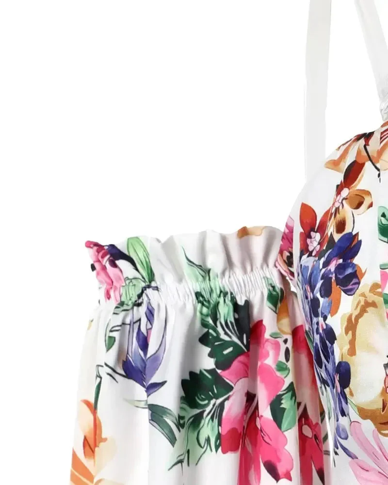 Deanwangkt - Floral Print Off Shoulder Frill Hem Top - Deanwangkt