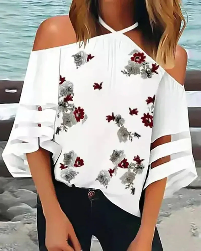 Deanwangkt - Off The Shoulder Floral Print Sheer Mesh Top - Deanwangkt