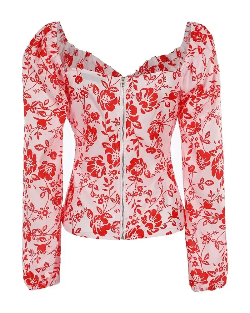 Deanwangkt - Floral print top with puff sleeves and ruffled hem - Deanwangkt