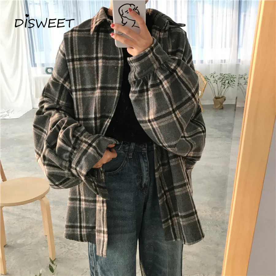 Christmas Gift Deanwangkt Harajuku Autumn Plaid Thin Section Wool Cardigan Korean Puff Sleeve Slim Warm Shirt Jacket Retro Casual Women Button Top - Deanwangkt