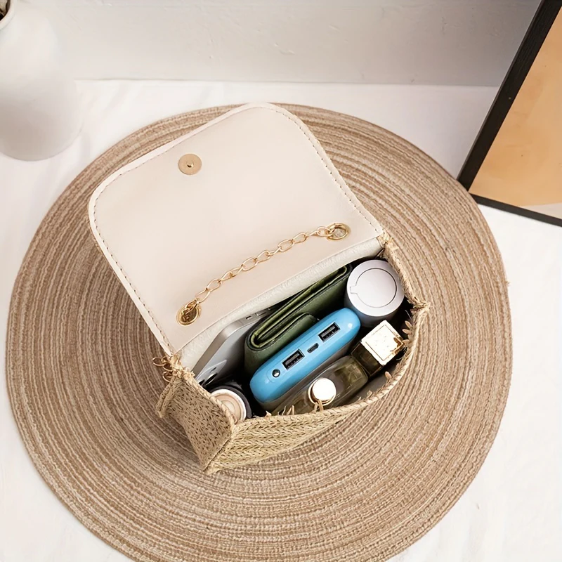 Mini Woven Straw Saddle Bag, Trendy Chain Crossbody Bag, Women's Tassel Beach Bag - Deanwangkt