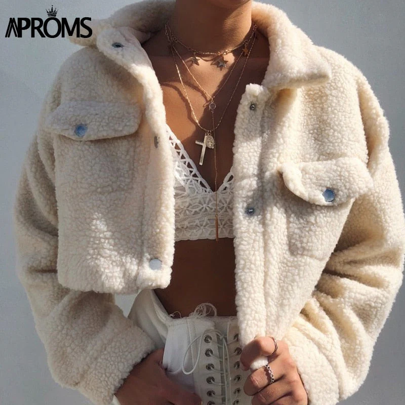 Christmas Gift Aproms Elegant Solid Color Cropped Teddy Jacket Women Front Pockets Thick Warm Coat Autumn Winter Soft Short Jackets Female Deanwangkt - Deanwangkt