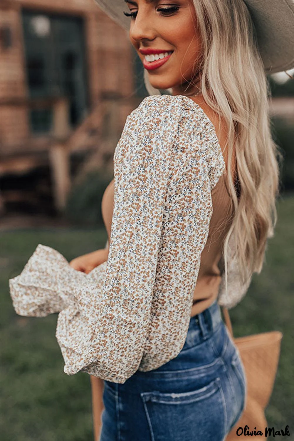 Deanwangkt - Khaki Floral Print Ruched Puff Sleeve Blouse - Deanwangkt