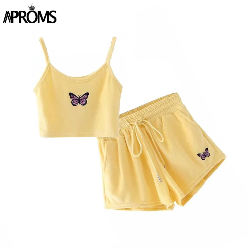 Christmas Gift Aproms Yellow Velvet Crop Top and Shorts Women 2 Pieces Set Summer Embroidery Cami Drawstring Shorts Female Loungewear Suit Deanwangkt - Deanwangkt
