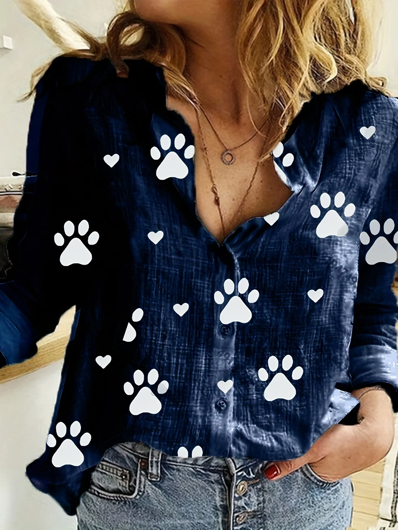 Paw Print Button Front Shirt, Casual Long Sleeve Shirt For Spring & Fall, Women's Clothing - Deanwangkt