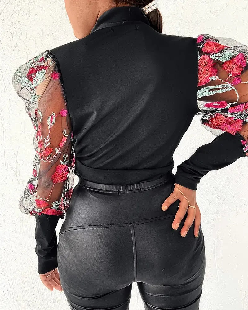 Deanwangkt - Puffy Lantern Sleeve Top in Sheer Tulle with Floral Embroidery - Deanwangkt