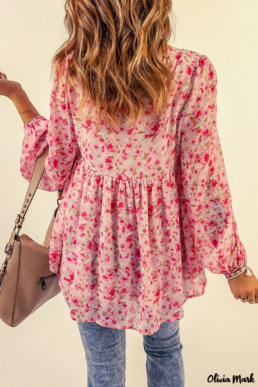 Deanwangkt - Pink Floral Print Lace Patchwork V-Neck Blouse - Deanwangkt