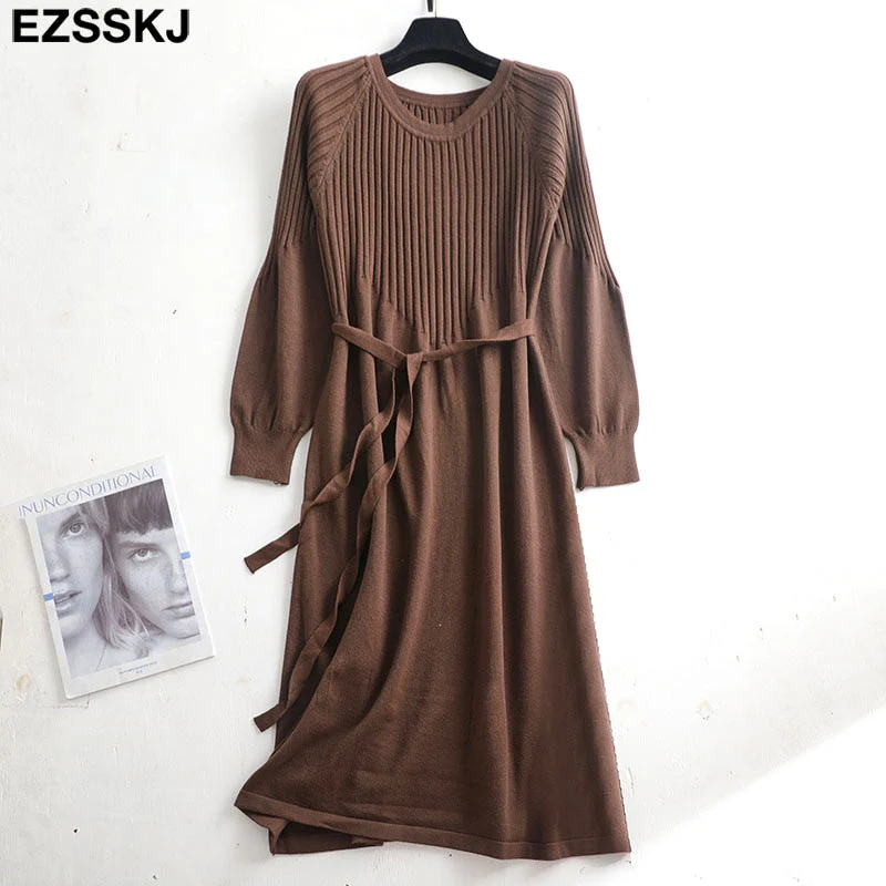Christmas Gift Deanwangkt autumn winter o-neck midi sweater dress women A-Line midi sweater dress with belt elegant a-line solid loose dress - Deanwangkt