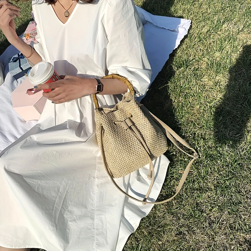 deanwangkt-1  Bamboo Handle Straw Bag, Women's Drawstring Design Bucket Bag, Trendy Summer Beach Handbag - Deanwangkt