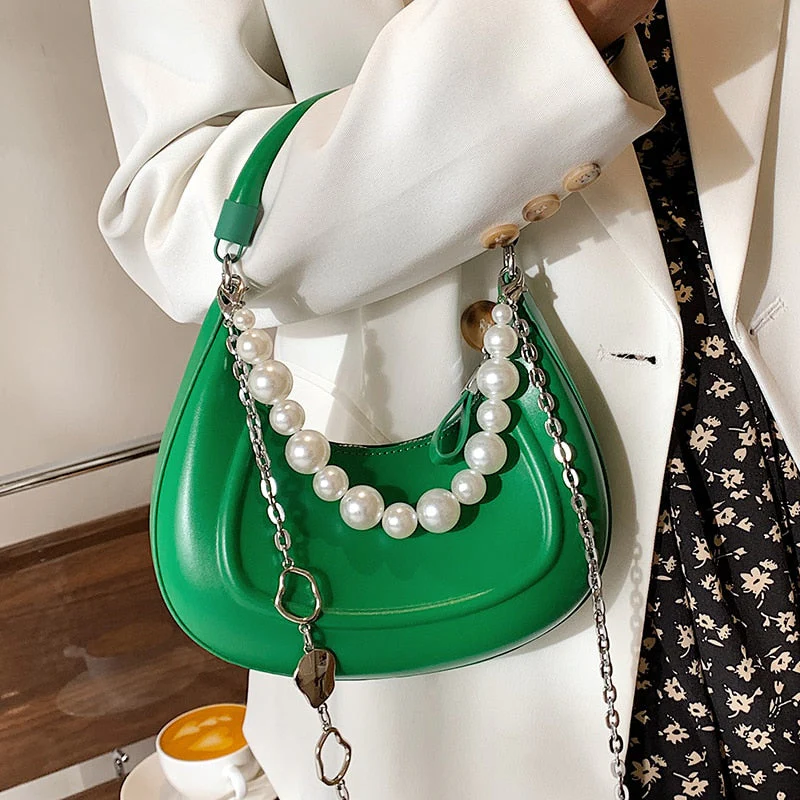 Back To College Deanwangkt Kawaii Tote PU Leather Half Moon Armpit Bag With Pearl Short Handle Women's Designer Handbag Luxury Shoulder Crossbody Bag - Deanwangkt