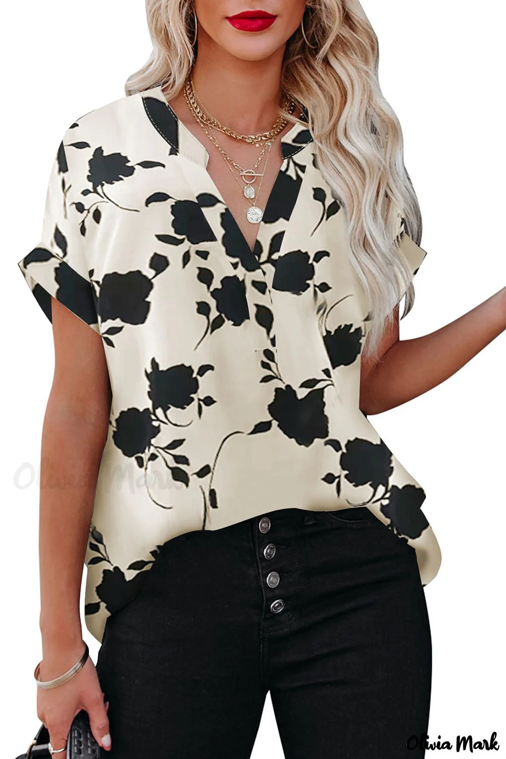 Deanwangkt - Apricot Floral Print Short Sleeve Blouse - Deanwangkt