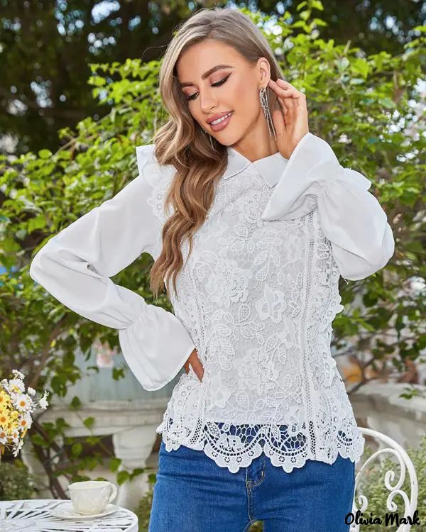 Deanwangkt - Womens Long Sleeve Lace Blouse with Ruffled Hem - Deanwangkt