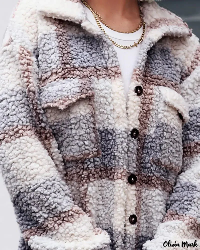 Deanwangkt - Pocket Pattern Plush Jacket with Plaid Button - Deanwangkt