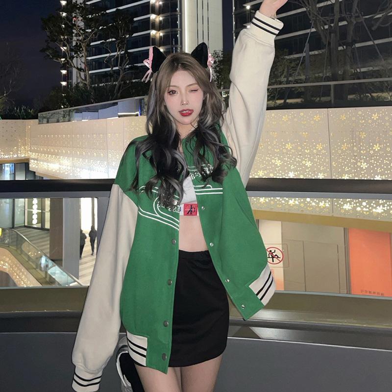 Christmas Gift Autumn Girls Green Coat Bomber Jacket Women Baseball Uniform Clothes Female Ladies Streetwear Casual Loose Harajuku Gothic Basic - Deanwangkt