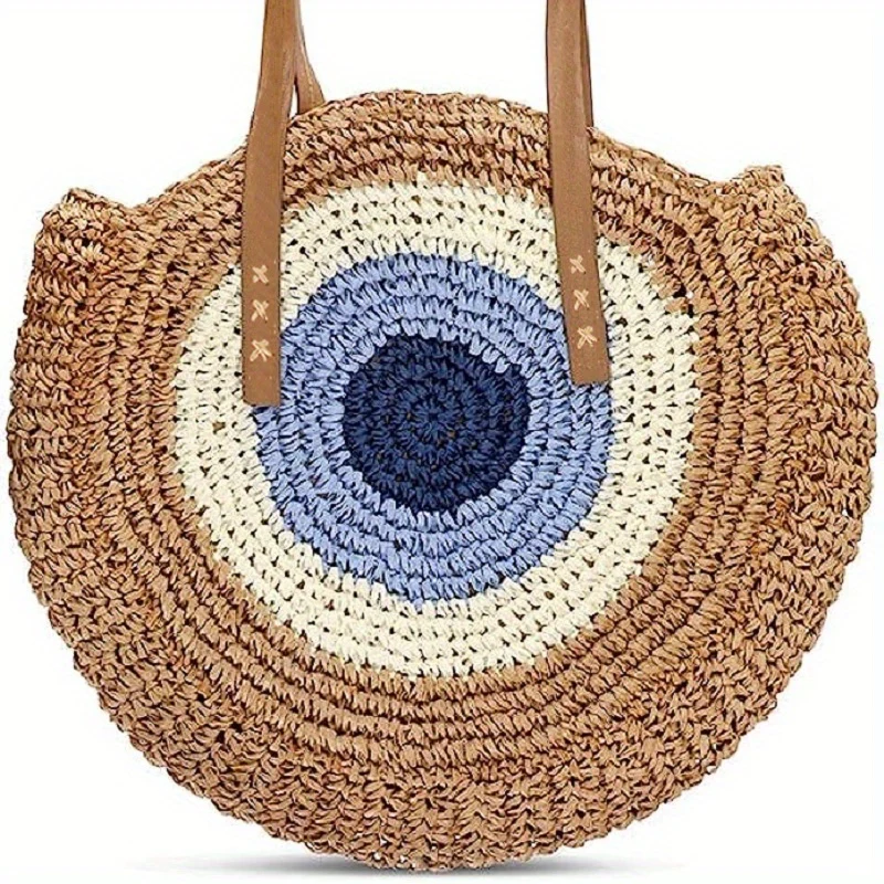 deanwangkt  Straw Round Summer Colorblock Bag, Large Woven Beach Bag, Women's Vacation Tote Handbag - Deanwangkt
