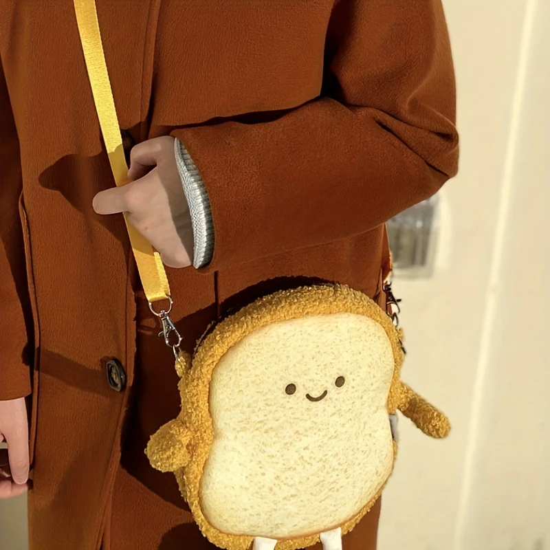 Cute Toast Bread Crossbody Bag, Plush Shoulder Bag With An Expression, Perfect Sling Bag For Daily Use - Deanwangkt
