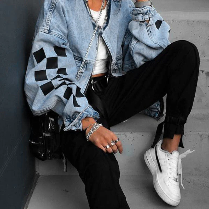Christmas Gift Deanwangkt Jean Jacket Women Denim Jackets Autumn Winter Loose Plaid Zipper Tops Streewear Hip Hop Coats Jackets Ladies Plus Size 5xl - Deanwangkt
