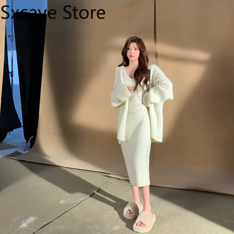 Christmas Gift 2 Piece Dress Set Women Casual Knitted Suits Korean Fashion Slim Pure Collor Sweater Dress Sets Party Autumn Cardigan - Deanwangkt