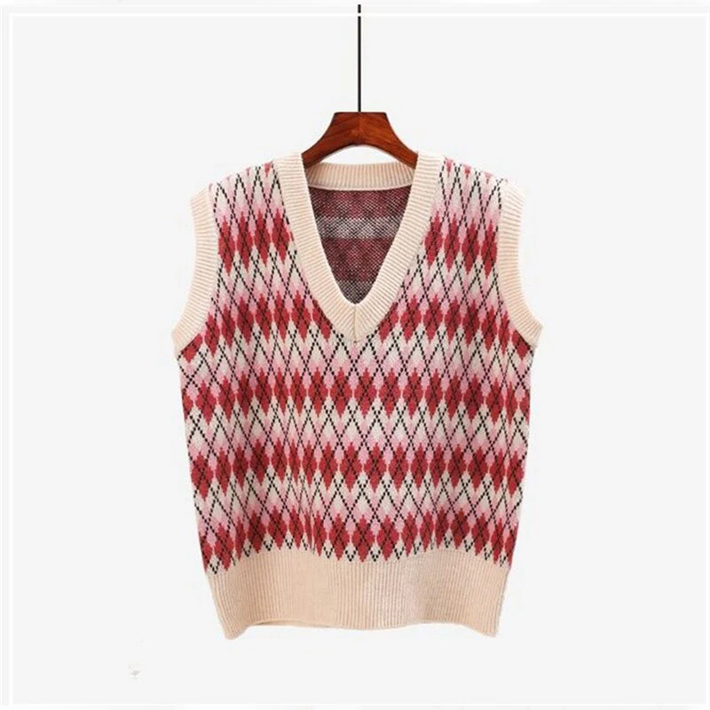 Christmas Gift Argyle Sweater Vest Women Sweater Vest Loose Deanwangkt Fall Winter New Preppy Young Girls Pullover Sweater Top Waistcoats Fit Female - Deanwangkt