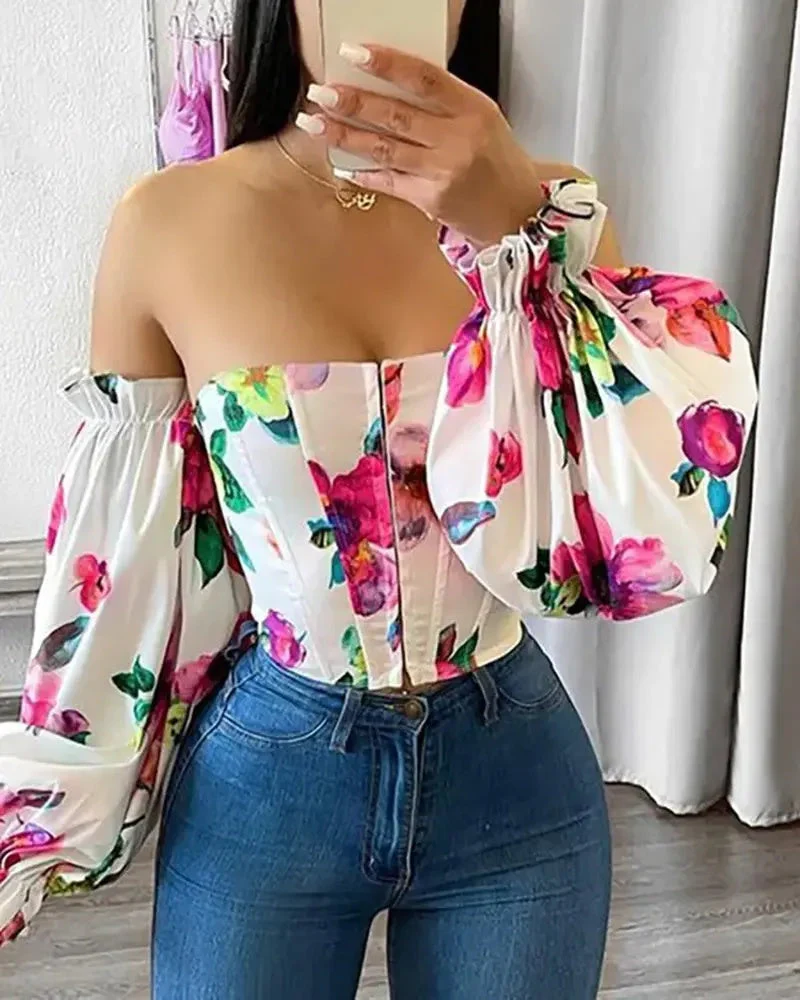 Deanwangkt - Off The Shoulder Lantern Sleeve Floral Print Top - Deanwangkt