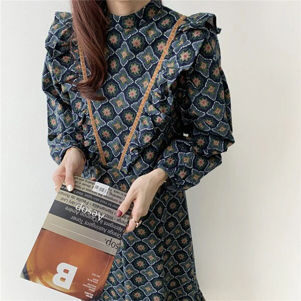 Christmas Gift Deanwangkt Spring Retro Korean Maxi Dress Solid Full Sleeves Top For Women Elegant Casual Loose Ladies Dresses Woman Party Night - Deanwangkt