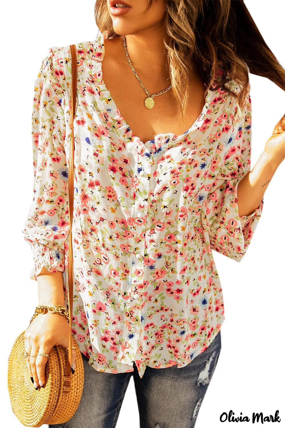 Deanwangkt - Floral Print V-Neck Long Sleeve Shirt - Deanwangkt