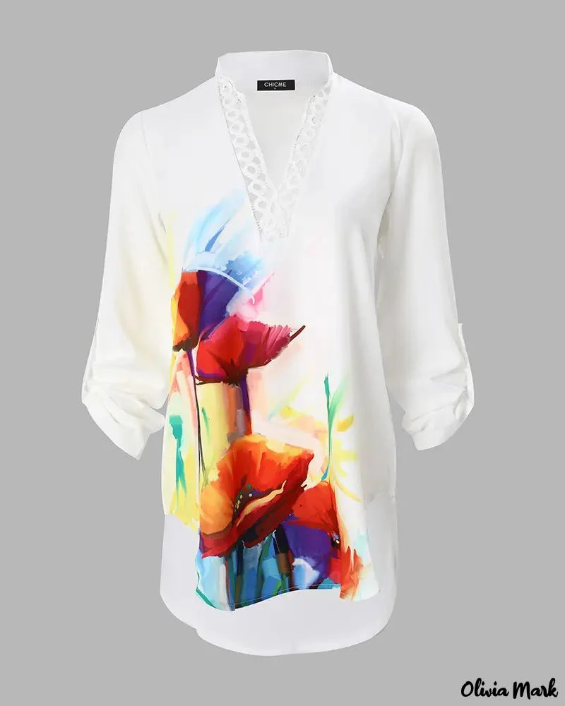 Deanwangkt - Floral Print Contrast Lace Rolled Sleeve Top - Deanwangkt