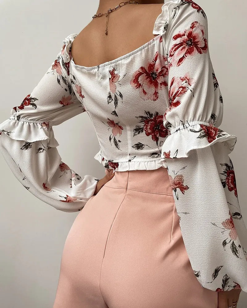 Deanwangkt - Floral Print Ruffle Hem Long Sleeve Crop Top - Deanwangkt