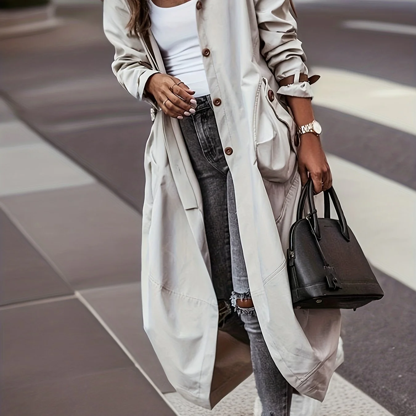 deanwangkt-1  Solid Color Lapel Collar Button Down Overcoat, Casual Outdoors Jacket, Women's Clothing - Deanwangkt