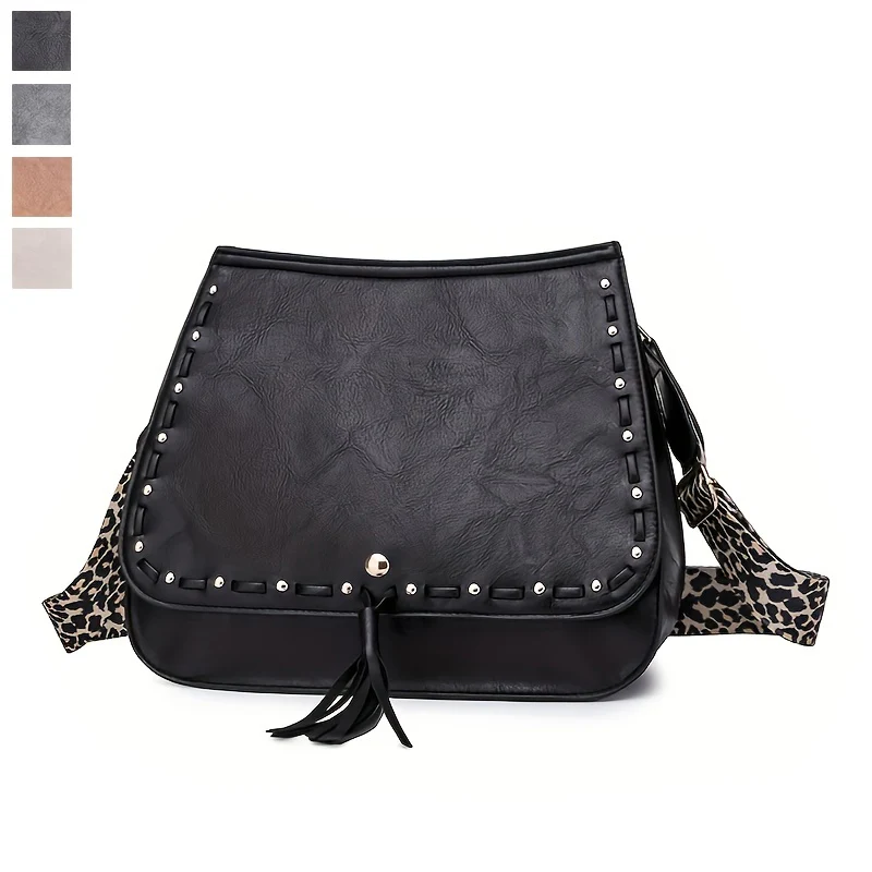 Leopard Strap Crossbody Bag, Trendy Tassel Shoulder Bag, Goth Studded Decor Purses For Women - Deanwangkt