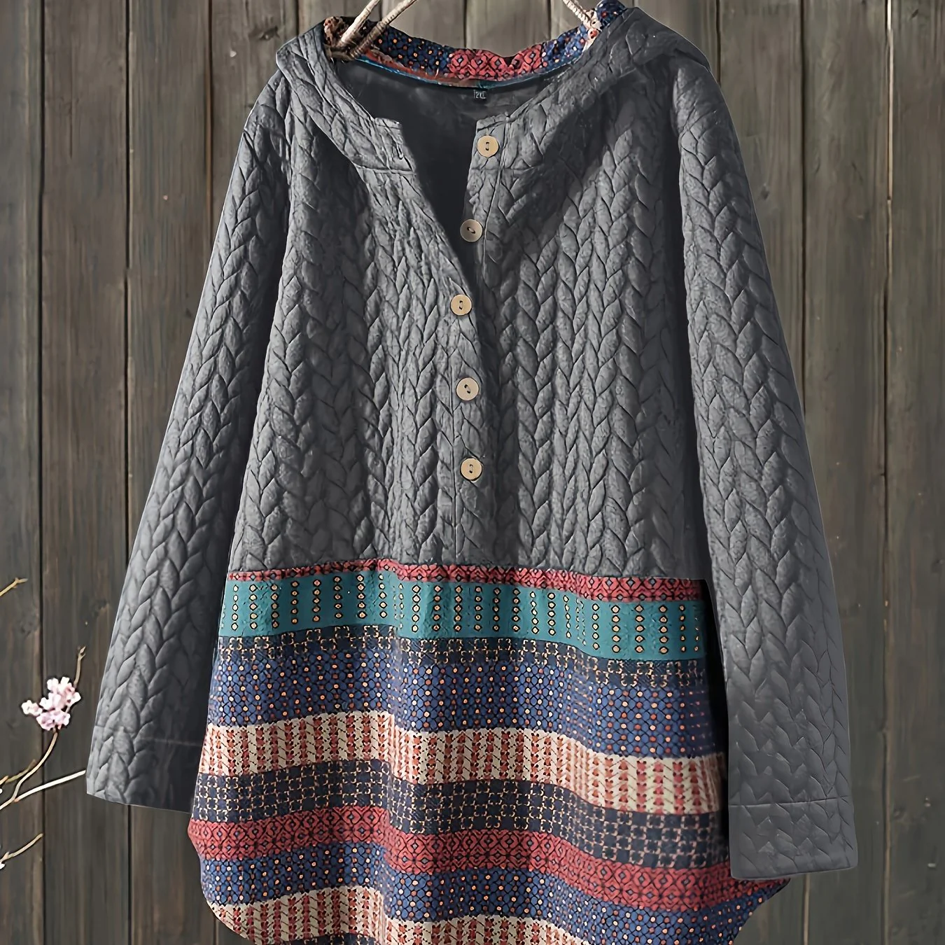 Tribal Print Long Sleeve Hooded Padded Jacket, Casual Button Front Loose Hem Outerwear, Women's Clothing - Deanwangkt