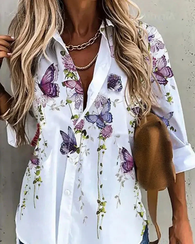 Deanwangkt - Butterfly Floral Print Long Sleeve Shirt - Deanwangkt
