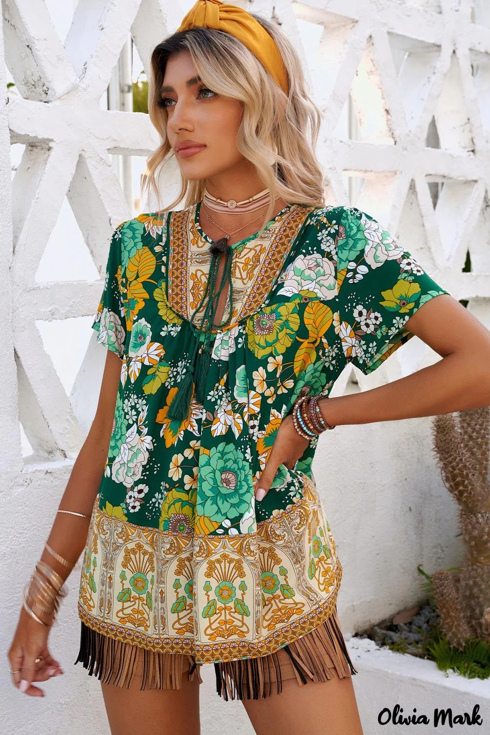 Deanwangkt - Green Bohemian Floral Print Short Sleeve Blouse - Deanwangkt