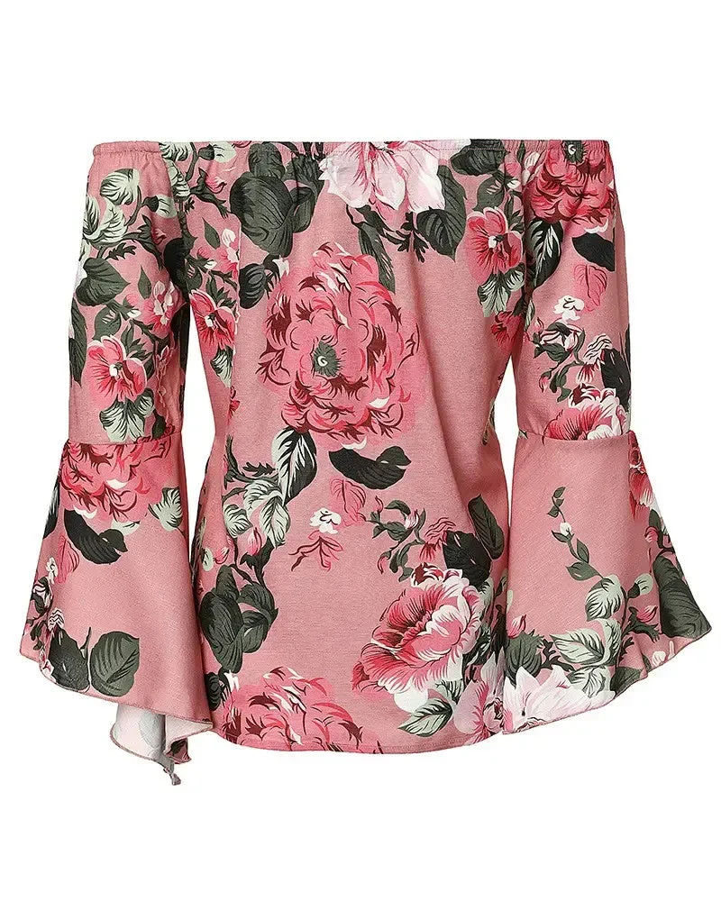 Deanwangkt - Off-the-Shoulder Floral Print Bell-Sleeve Top - Deanwangkt